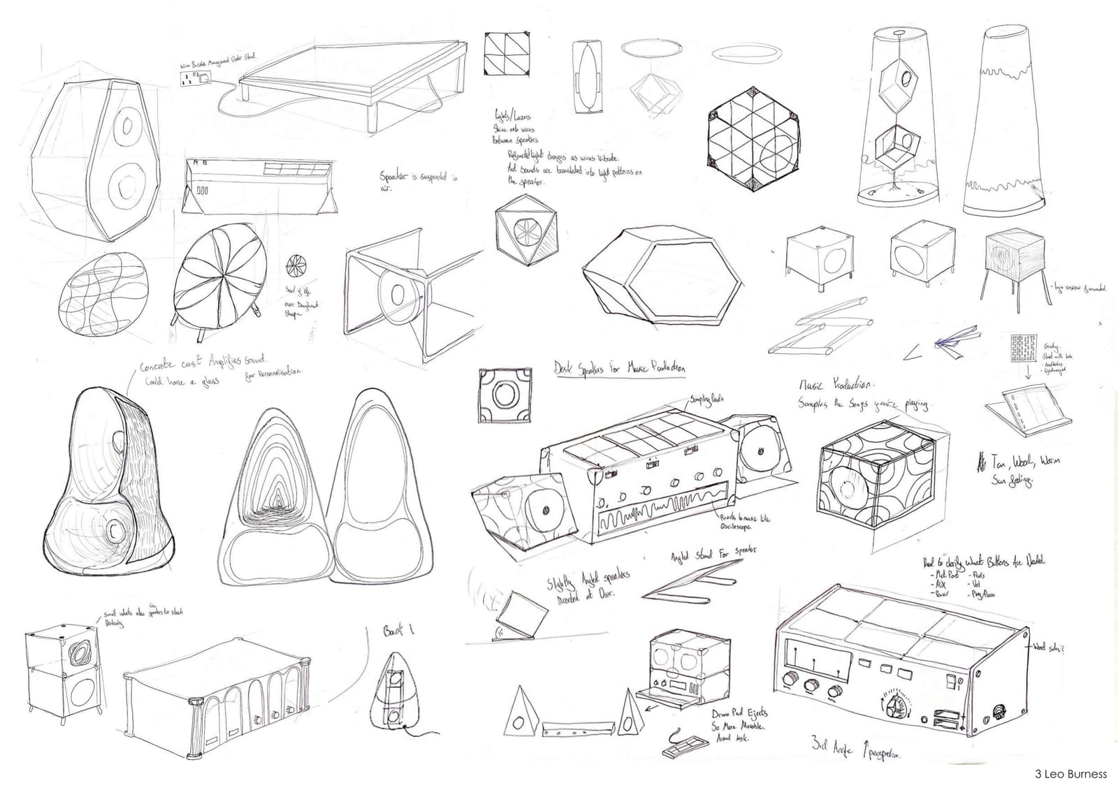 Sketch sheet: speaker forms, drum-pad layouts and control panels