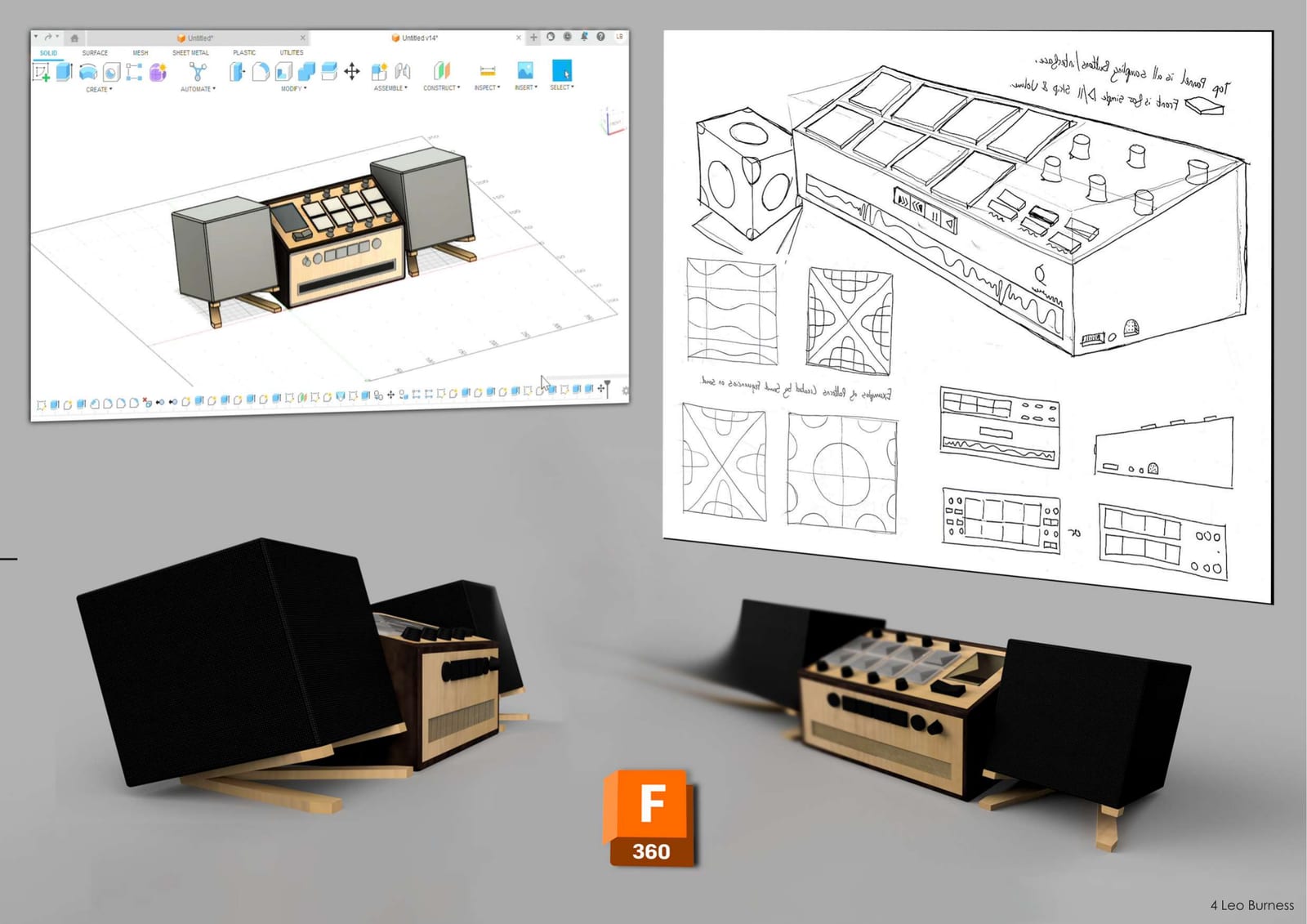 Fusion 360 model and rendered views of the drum machine and speakers