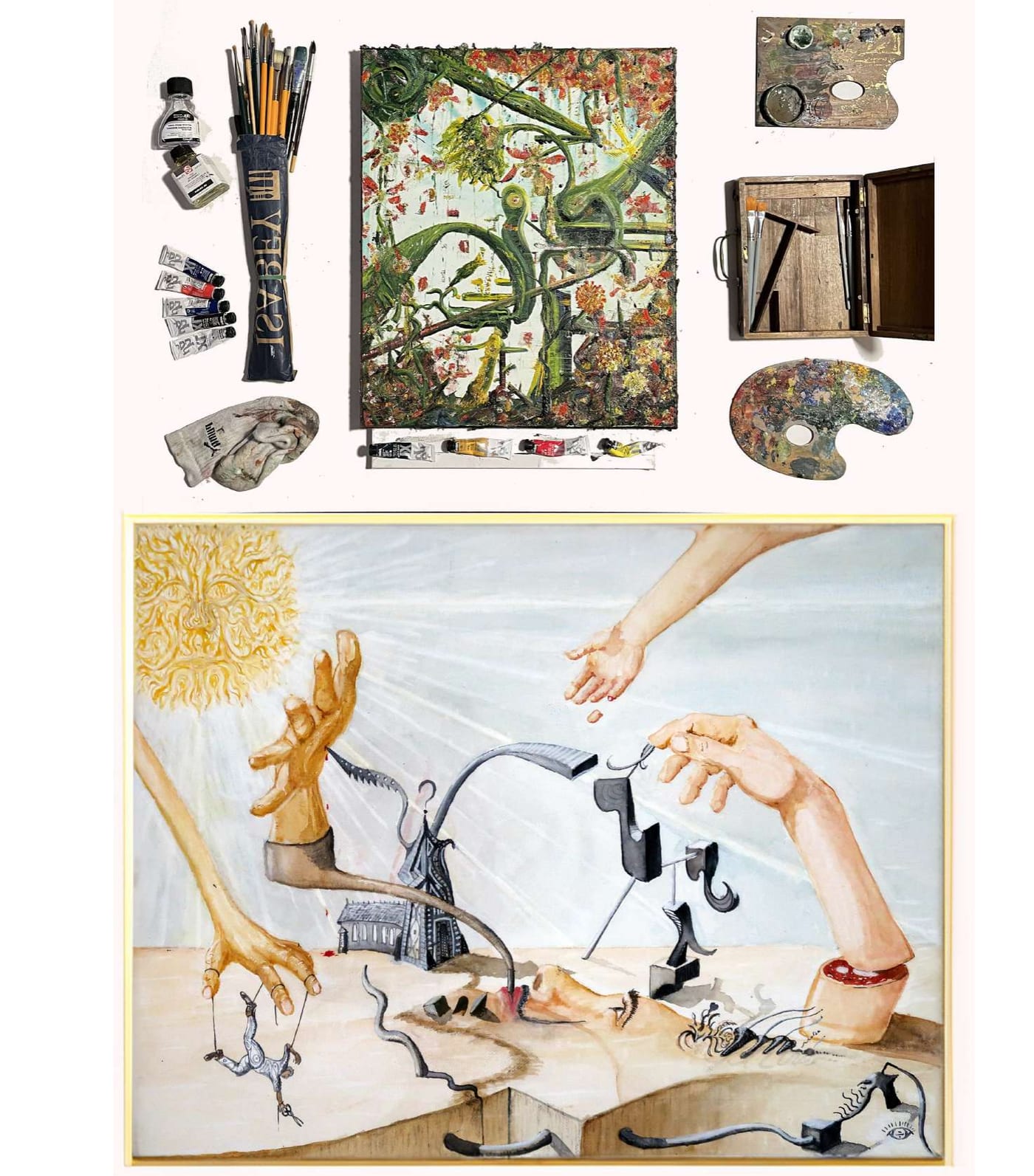 Studio flat-lay with an oil painting, and a second framed painting