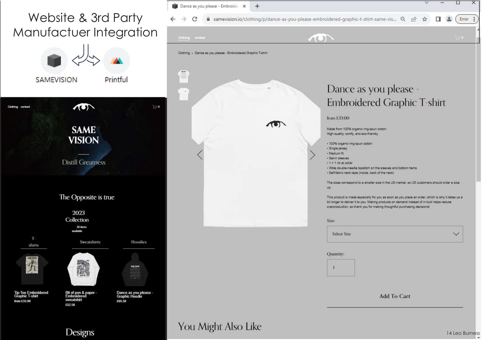 The shop: collection pages and a product page with sizes and a cart