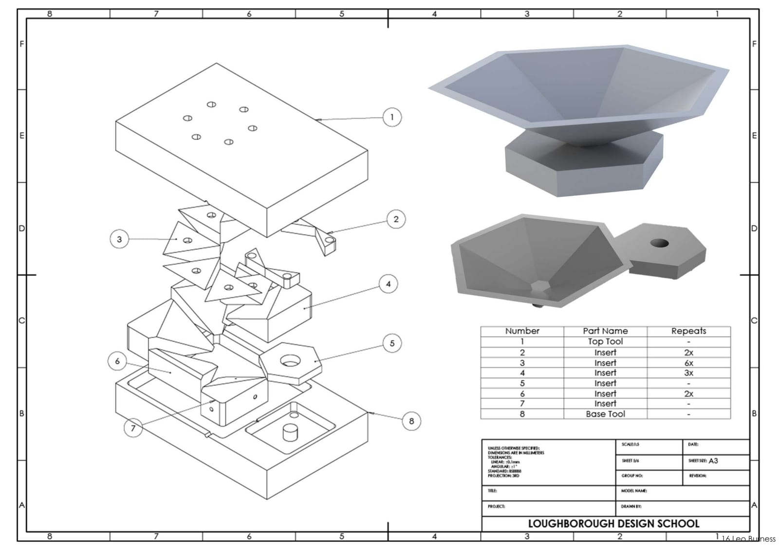 Assembly drawing with the moulded part and a numbered parts table