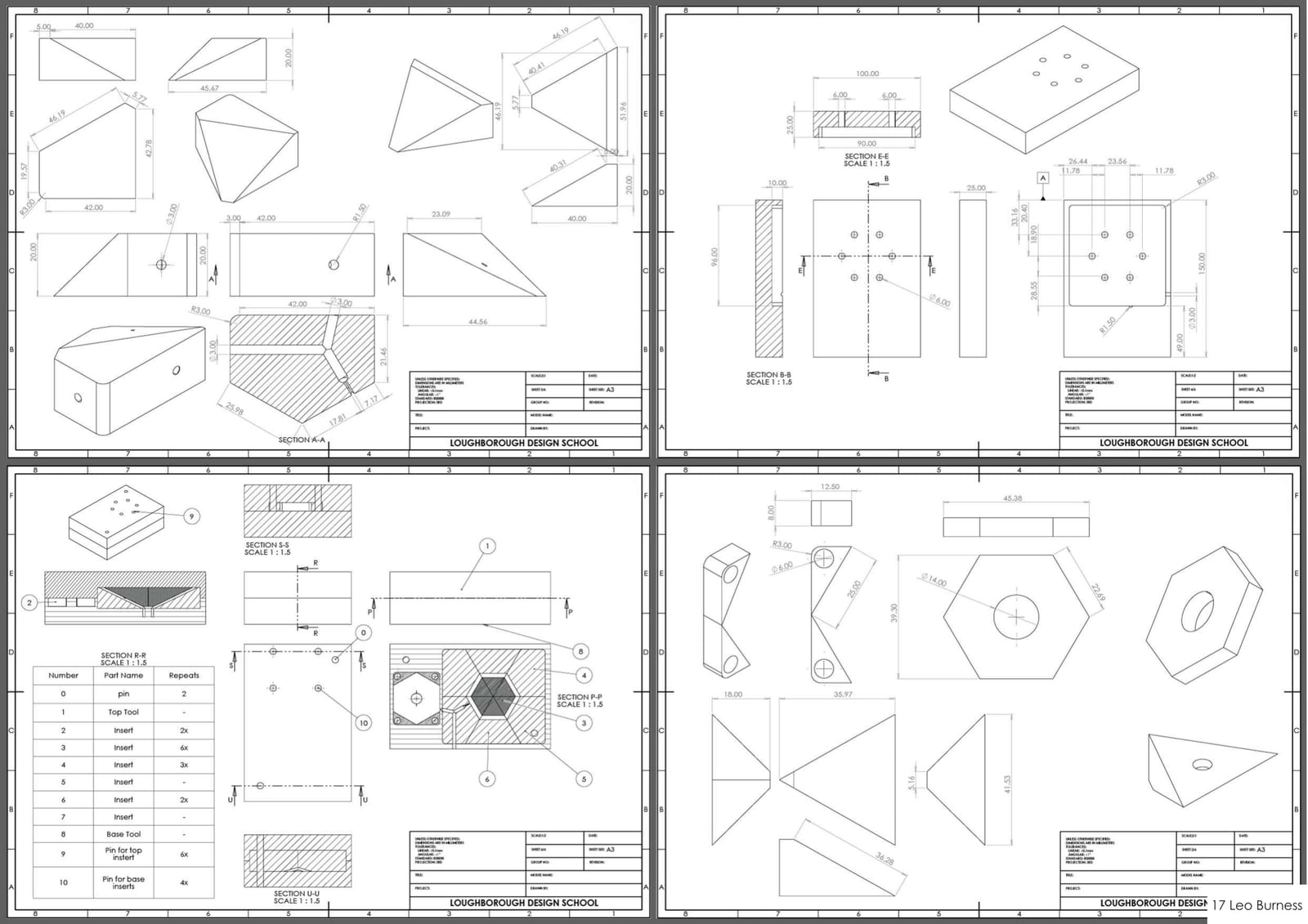 Four detail sheets: dimensioned inserts, sections and tooling pins